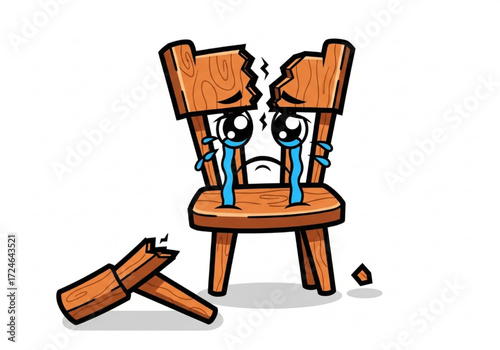 A mournful cartoon wooden chair, shattered and broken, sheds tears in a poignant depiction of sadness and damage
