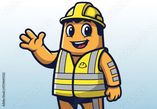 Friendly cartoon construction worker mascot in a hard hat and safety vest waving a greeting