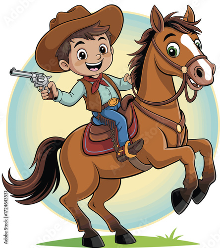 Cartoon cowboy riding horse, western adventure illustration, wild west character, children’s book art, playful cowboy drawing, rodeo theme, vintage style