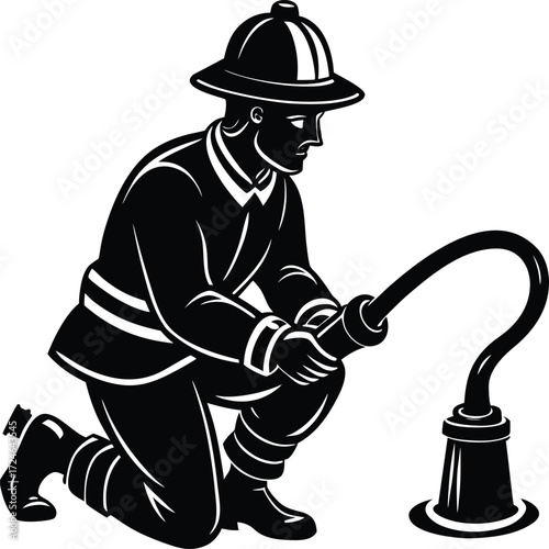 Firefighter vector Silhouette illustration firefighter kneeling to connect hose