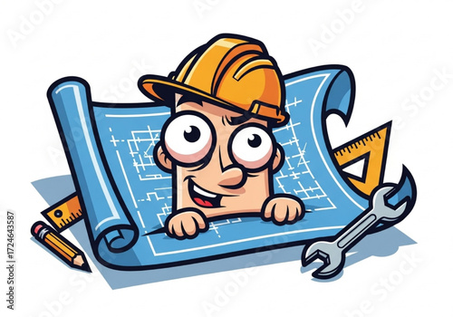 Construction worker cartoon with blueprints, tools, and a friendly face