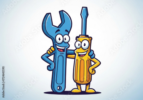 Smiling cartoon wrench and screwdriver embrace, symbolizing essential repair and maintenance partnership