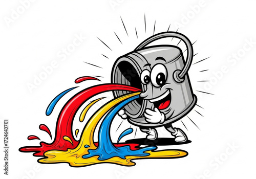 Happy cartoon paint bucket mascot character joyfully spilling vibrant primary color paint on the floor