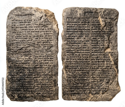 Two weathered stone tablets,  etched with ancient text.  The tablets appear broken, likely from a larger artifact.  Uneven surfaces and a rough texture are visible.  