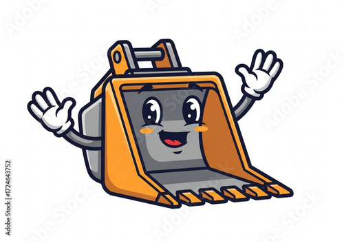 Delightful cartoon excavator bucket character with a friendly face, cheerfully waving its hands and smiling, perfect for construction themes and playful designs