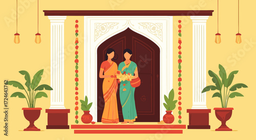 Entrance of cultural heritage: Two women in traditional attire stand gracefully at the ornate entrance of a cultural building, exuding warmth and heritage.