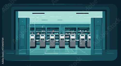 Entrance to the Automated Library: a captivating glimpse into the cutting-edge world of self-service libraries, where rows of modern kiosks invite patrons into a haven of knowledge.