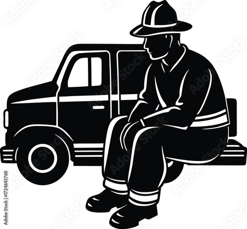 Firefighter vector Silhouette illustration firefighter sitting on firetruck bumper
