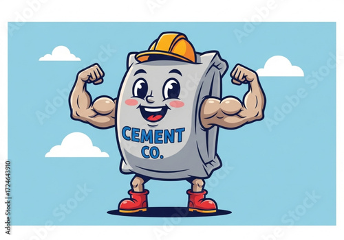 A strong and cheerful cement sack character mascot flexing its biceps for the construction industry
