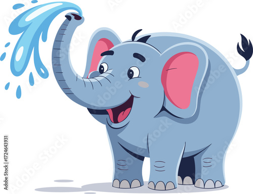 Cute cartoon baby elephant spraying water with trunk, happy animal character illustration, playful jungle wildlife scene, kids favorite animal design