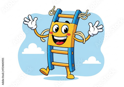 A cheerful and happy cartoon ladder character mascot waving its hands with a big smile