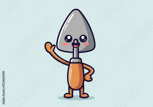 Cute Cartoon Garden Trowel Waving Hand Illustration on Blue Background