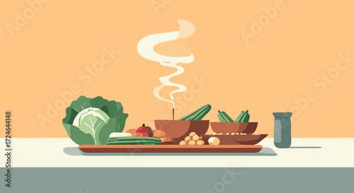 Healthy Food: A well-arranged still life showcases an assortment of fresh, vibrant, and organic vegetables and spices, emphasizing the beauty and appeal of healthy, plant-based culinary ingredients.