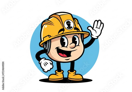 Friendly construction worker mascot in a yellow hard hat waving a cheerful greeting