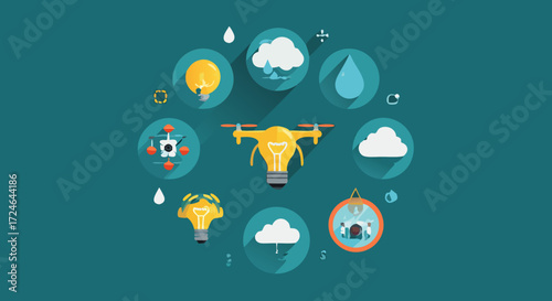 Technology and Innovation: A visually compelling vector illustration featuring a central drone, surrounded by various circular icons representing key aspects of technology and innovation.