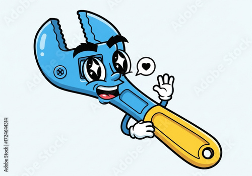 Cute Adjustable Wrench Character Waving Hello with Love Heart Eyes