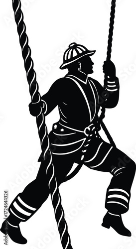 Firefighter vector Silhouette illustration firefighter climbing rope in training