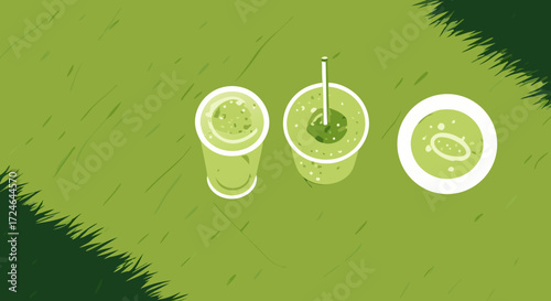 Fresh Greens: Fresh, vibrant illustration showcases an overhead perspective of two refreshing green drinks side-by-side with a garnish, all placed on a lush green plane