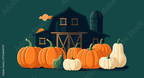 Harvest Gathering: A collection of vibrant pumpkins basks in the glow of autumn, forming a picturesque scene. In the background, a traditional barn stands in serene harmony.
