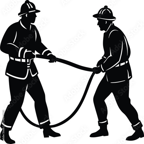 Firefighter vector Silhouette illustration two firefighters pulling hose silhouette