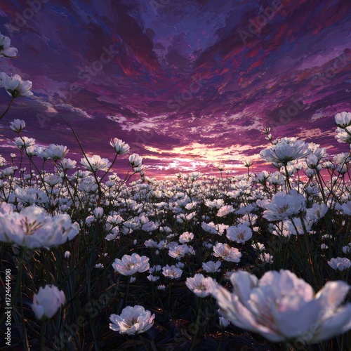 A vast field of white flowers under a vibrant sunset sky