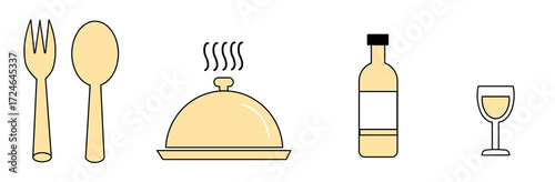 Vector illustration of restaurant and dining elements: fork, spoon, serving dish, and wine.