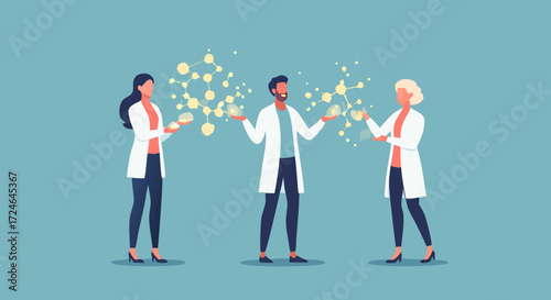 Science Professionals Collaborating: A dynamic illustration showcases three scientists working together. With the backdrop a subtle hue, the visual narrates their dedication to exploration.