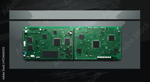 Circuit Board Tech Display: An eye-level shot captures two identical circuit boards neatly arranged on a clean platform. This image is a tribute to tech components. 