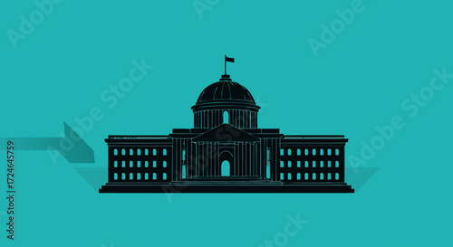 Iconic Architecture: A majestic building, a beacon of authority and strength, stands in the heart of a vibrant urban landscape, its silhouette etched against a clear sky.