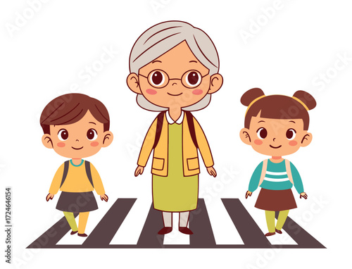 Grandmother with two kids crossing street on zebra crossing cartoon