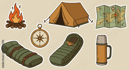 Camping equipment sticker style tent campfire map compass sleeping bag thermos outdoor adventure