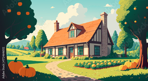 Dreamy Autumn Cottage: A charming cottage sits nestled in a picturesque autumnal scene. Warm colors and rustic details.