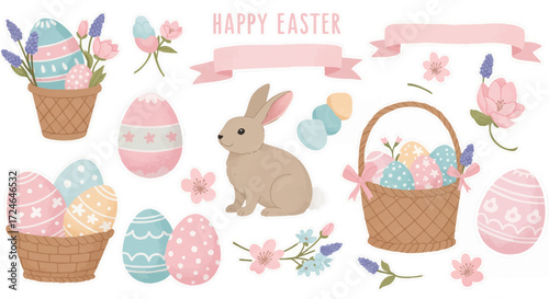 Easter elements Pastel colors Bunny eggs flowers baskets Spring holiday