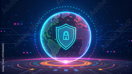 Digital security concept with glowing globe and shield lock symbol representing digital sovereignty and protection in technology