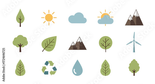 Nature and environment icons: trees, sun, clouds, mountains, wind turbine, recycle symbol, water drop, leaf.