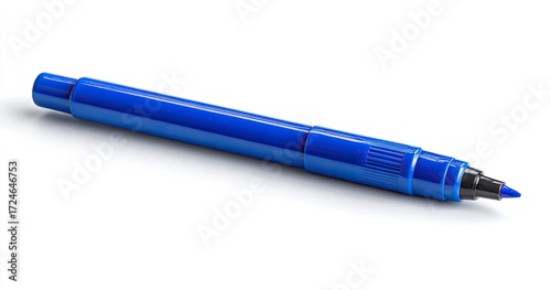 A vibrant blue marker, angled, lies on a plain white surface