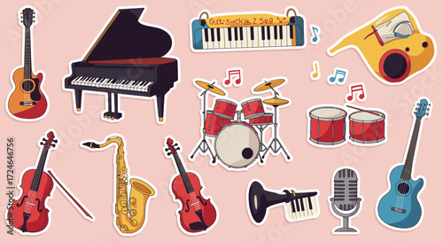 Musical instruments sticker style collection of various instruments on pink surface