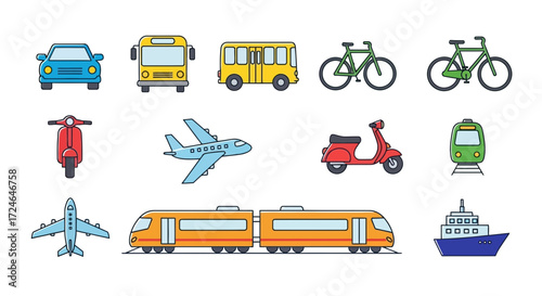 Collection of colorful transportation icons including cars, buses, bikes, planes, trains, scooters, and a ship.