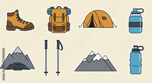 Hiking Equipment Vector Flat Style Camping Gear Essentials Outdoor Adventure