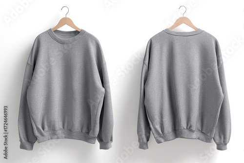 Gray sweatshirt mockup on a wooden hanger, front and back views
