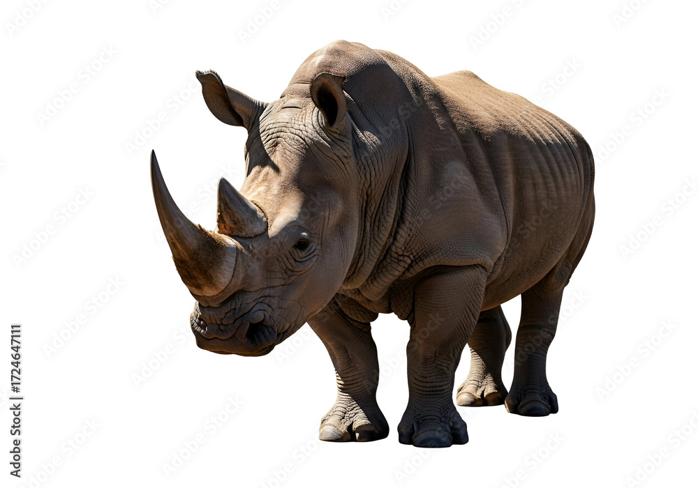 Fototapeta premium A powerful white rhinoceros stands against a stark black background, showcasing its formidable presence and textured skin.