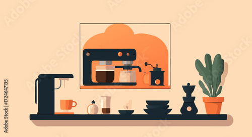 Morning Coffee Ritual: A minimalist illustration presents the perfect setup, with a sleek coffee machine, essential accessories, a coffee grinder, and potted plant, all arranged on a stylish shelf.
