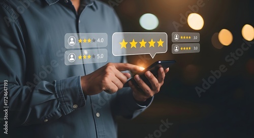 Checking online reviews and ratings on smartphone for business reputation management success