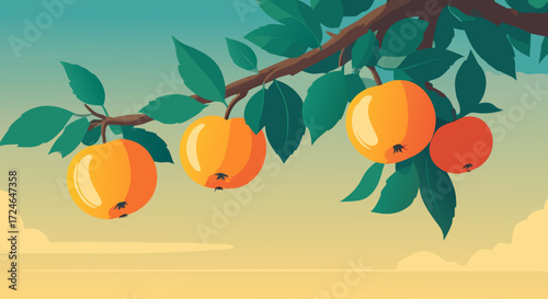 Golden Harvest: Ripe apples hang heavy on a branch, inviting viewers to savor the sweetness of a bountiful season, with leaves shimmering in the soft light. 