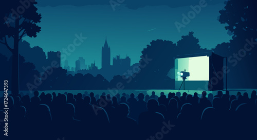 Open-Air Cinema: A crowd gathers under the twilight sky, eyes fixed on a glowing movie screen, while a film projector casts its beam.