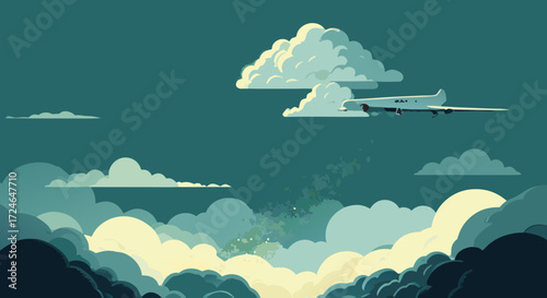 Soaring Above the Clouds: An airplane cuts through a serene, cloud-filled sky, creating a sense of flight and exploration, captured with a blend of naturalism and artistic flair.