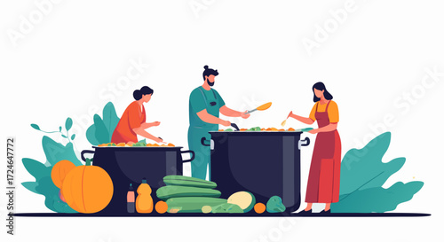 Culinary Collaboration: Three individuals work in harmony, adding their expertise in a colorful kitchen setup filled with fresh ingredients, showcasing community