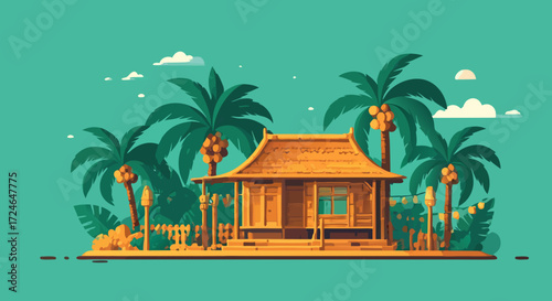 Tropical Hut by the Sea: An inviting illustration of a rustic hut nestled amidst lush palm trees under a tranquil sky, exuding the essence of a tropical paradise.