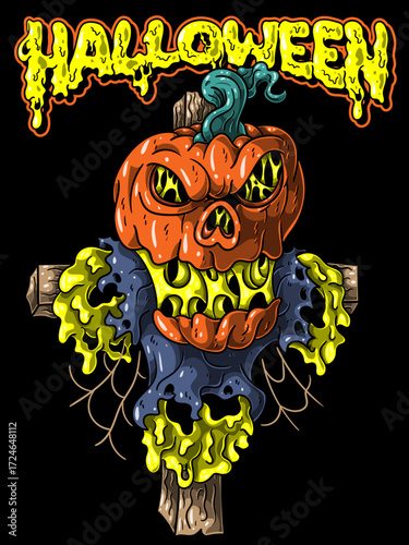 Rotten Scarecrow Pumpkin – Creepy Halloween Horror Artwork