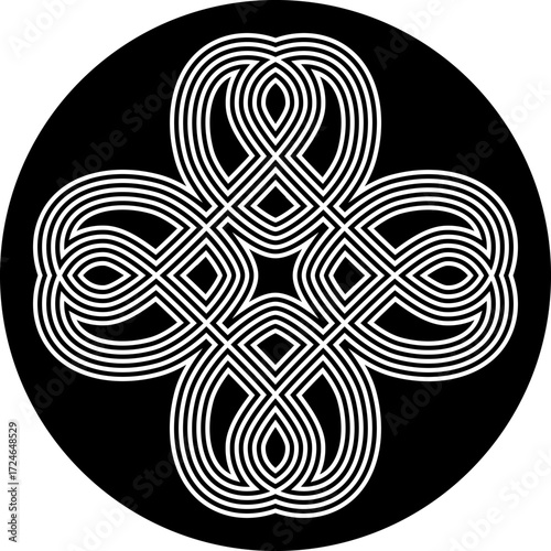 Decorative Lucky Clover Line Art Round Icon - Simple Abstract Vector Symbol (Black and White)